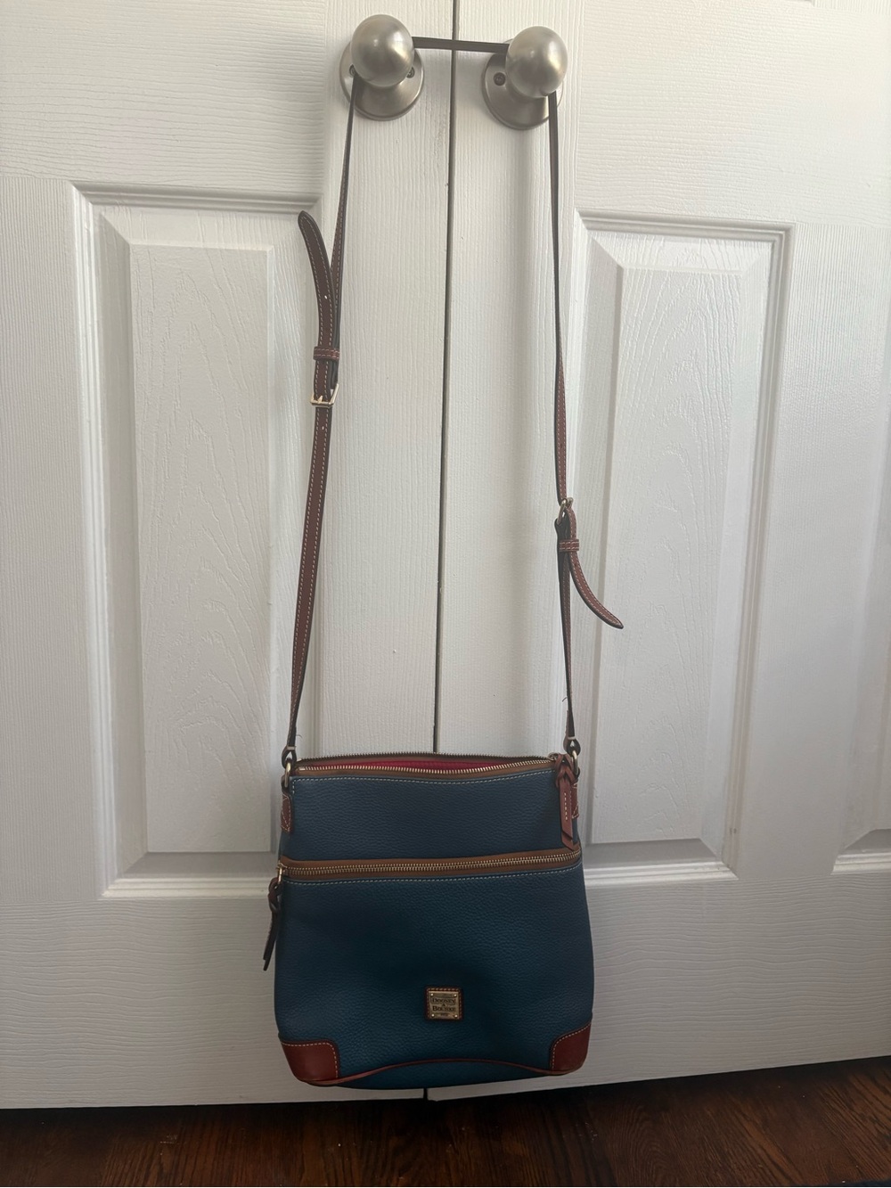 Dooney and Bourke Leather-Trim Crossbody Bag in Teal and Brown